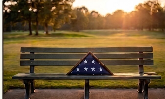 A folded flag resting on a bench at sunset