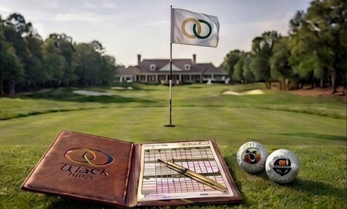 A scorecard, tee flag, and branded golf balls on the green