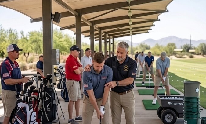 A veteran receiving golf instruction at the driving range
